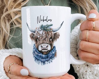 Taza personalizada con diseño de vaca de las Tierras Altas, taza de café personalizada con diseño de vaca escocesa, taza de invierno con tu nombre, regalo personalizado para amantes de los animales, taza acogedora para las fiestas.