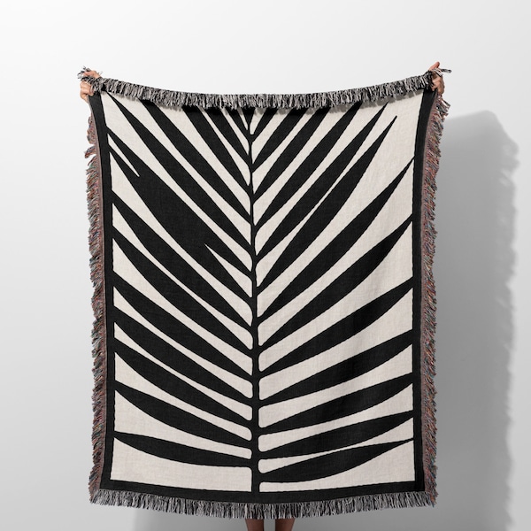 Big Leaf Woven Throw Blanket and Tapestry, Black and White Woven Blanket with Fringe, Comfy Decorative Accent Blanket and Wall Art Hanging