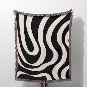 Black and White Abstract Woven Throw Blanket with Fringe, Pattern Monochrome Woven Blanket for Couch and Chair Aesthetic Living Room Decor