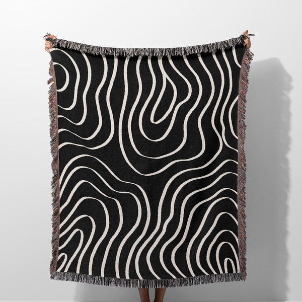Abstract Woven Throw Blanket Tapestry Black and White Aesthetic Decorative Fringe Woven Blanket for Couch Bed Chair Eclectic Room Sofa Decor