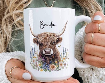 Custom Highland Cow Mug, Personalized Farm Animal Coffee Mug, Your Name Horned Cattle Cup, Rustic Country Kitchen Gift, Birthday Present