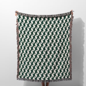 Geometric Throw Blanket with Fringe, Forest Green Cotton Woven Blanket for Modern Home Decor, Large Geometric Pattern Blanket Decoration