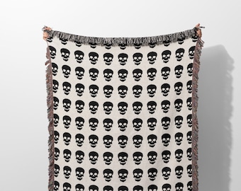 Black and White Halloween Blanket, Skulls Woven Throw Blanket, Gothic Home Decor Gift for Boyfriend, Monochrome Spooky Skull Woven Blanket