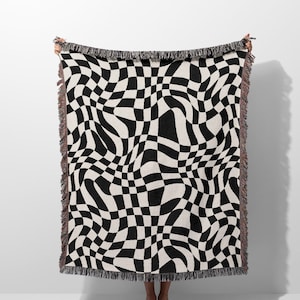 Retro Checkered Woven Blanket, Funky Checkered Geometric Black And White Woven Throw Blanket, Aesthetic Tapestry For Room, Apartment Decor