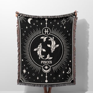 Pisces Blanket, Zodiac Sign Birthday Astrology Lover Gift, Black and White Woven Throw Blanket, Zodiac Blanket Gift for Best Friend Female