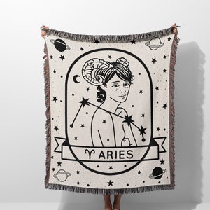 Aries Zodiac Blanket Gift, Black and White Woven Throw Blanket, Zodiac Aries Woman Horoscope Woven Tapestry Blanket, Astrology Gift for Her