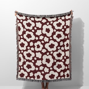 Botanical Print Woven Throw Blanket, Red Woven Throw Floral Pattern Aesthetic Throw Gift for Couch, Bed or Chair, 100% Cotton Woven Blanket