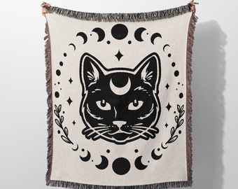 Manta tejida de gato celestial, manta de gato lunar blanco y negro para decoración de habitación, manta de Halloween con flecos, regalo único para amantes de los gatos.