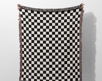 Black and White Checkered Woven Blanket, Throw and Woven Tapestery, Soft Aesthetic Check Throw Blanket, Retro Style Checkered Blanket