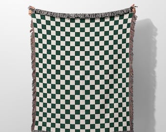 Simple Checkered Woven Throw Blanket and Woven Tapestry, Green Checker Woven Blanket, Minimalist Check Woven Blanket for Room Décor