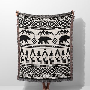 Ugly Sweater Nordic Style Christmas Woven Throw Blanket for Couches, Black and White Christmas Soft Cotton Woven Blanket, Christmas Decor
