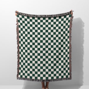 Simple Checkered Woven Throw Blanket and Woven Tapestry, Green Checker Woven Blanket, Minimalist Check Woven Blanket for Room Décor