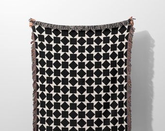 Manta tejida con estampado geométrico, con cuadrados y rombos en blanco y negro para sofá, silla, habitación, regalo para él.