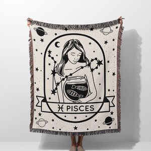 Pisces Woman Zodiac Sign Blanket, Birthday Gift for Her, Horoscope Astrology Gift, Black and White Cotton Woven Throw and Tapestry Blanket
