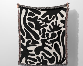Matisse Inspired Woven Blanket And Tapestry, Black Matisse Woven Blanket, Coral Woven Blanket, Modern Aesthetic Throw Blanket, Home Decor