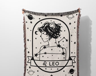 Manta con el signo zodiacal Leo, regalo de cumpleaños para ella, regalo de astrología y horóscopo Leo, manta de algodón tejida en blanco y negro.