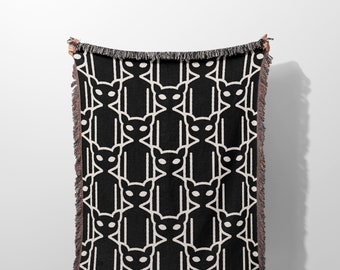 Halloween Cat Patterned Blanket, Spooky Cats Black and White Throw, Haunting Halloween Home Decor, Whimsical Art, Unique Gift for Friend