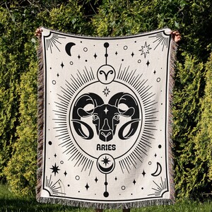 Aries Zodiac Gift for Her and Him, Black and White Woven Throw Blanket, Astrology Sign Birthday Gift, Zodiac Tapestry, Aries Sign Blanket