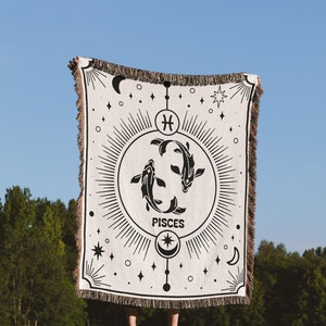Birthday Astrology Gift Idea for Her and Him, Zodiac Pisces Star Sign Black and White Woven Throw Blanket, Horoscope New Home Decor Gifts