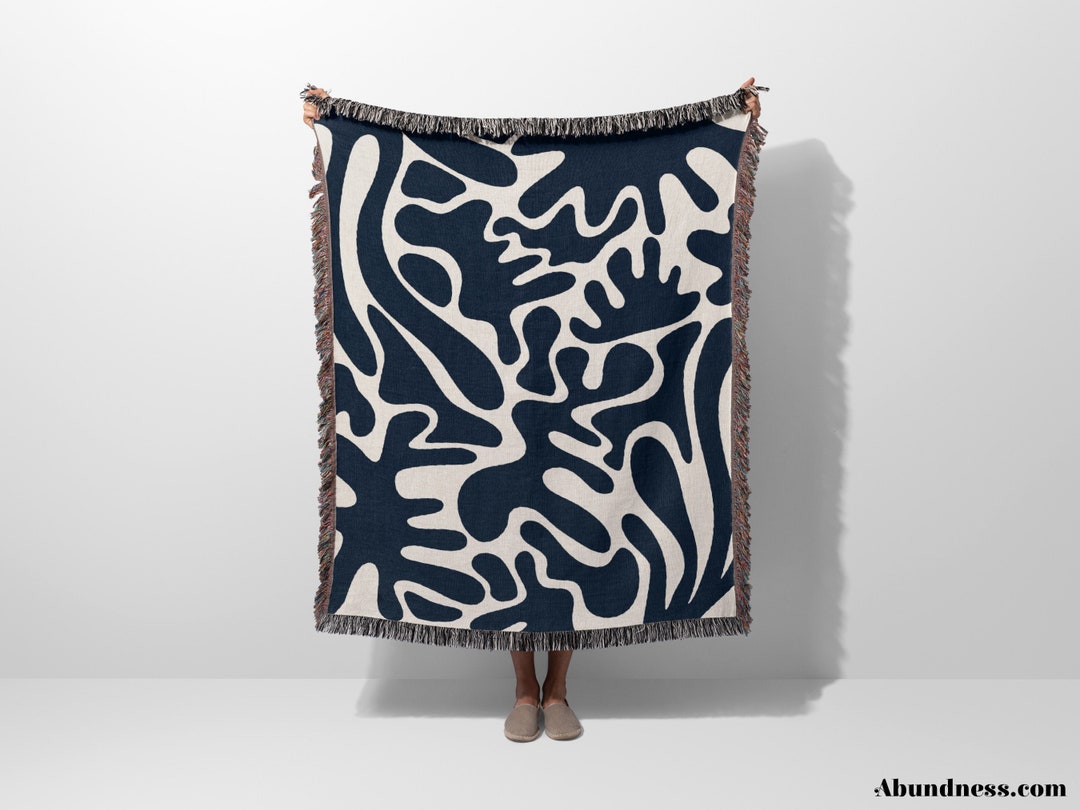 Matisse Woven Blanket, Coral Throw Blanket and Tapestry, Darker Blue Color Woven Blanket, Mid Century Modern Home Decor, Boho Room Decor