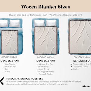 May include: A guide to woven blanket sizes with illustrations of three different sizes: 37" x 52", 50" x 60", and 60" x 80". Each size is shown on a bed with a description of the ideal size for each blanket.