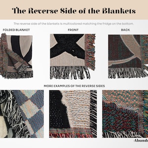 May include: A close-up of the reverse side of a woven blanket with a multicolored pattern. The blanket is folded in half and the fringe is visible. The text "The Reverse Side of the Blankets" is at the top of the image. The text "FOLDED BLANKET", "FRONT", and "BACK" are above the three images of the blanket. The text "MORE EXAMPLES OF THE REVERSE SIDES" is above the three images of the reverse sides of the blankets. The text "Abundness.com" is at the bottom of the image.
