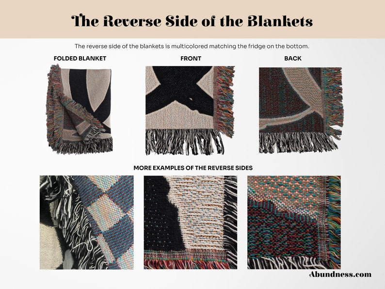 May include: A close-up of the reverse side of a woven blanket with a multicolored pattern. The blanket is folded in half and the fringe is visible. The text "The Reverse Side of the Blankets" is at the top of the image. The text "FOLDED BLANKET", "FRONT", and "BACK" are above the three images of the blanket. The text "MORE EXAMPLES OF THE REVERSE SIDES" is above the three images of the reverse sides of the blankets. The text "Abundness.com" is at the bottom of the image.