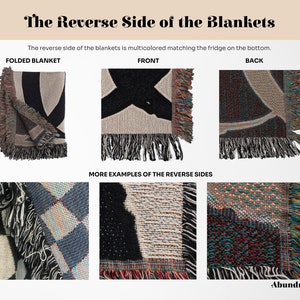 May include: Image displaying the reverse sides of blankets with different patterns. The text "The Reverse Side of the Blankets" is at the top. Examples include a folded blanket, front and back views, and more reverse side examples. The blankets have fringing.