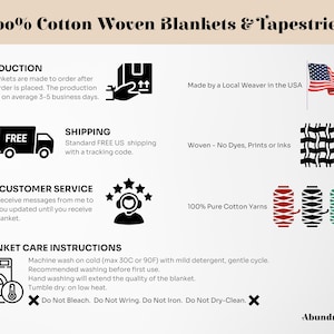 May include: An information graphic for 100% cotton woven blankets and tapestries. The graphic includes icons and text about production, shipping, customer service, and care instructions. It also highlights that the blankets are made by a local weaver in the USA.