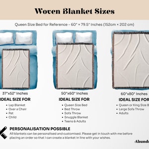 May include: Image showing woven blanket sizes: 37"x52", 50"x60", and 60"x80" with suggested uses. The blankets are cream-coloured with a textured design, displayed on beds. Text includes "Woven Blanket Sizes" and "Personalisation Possible".