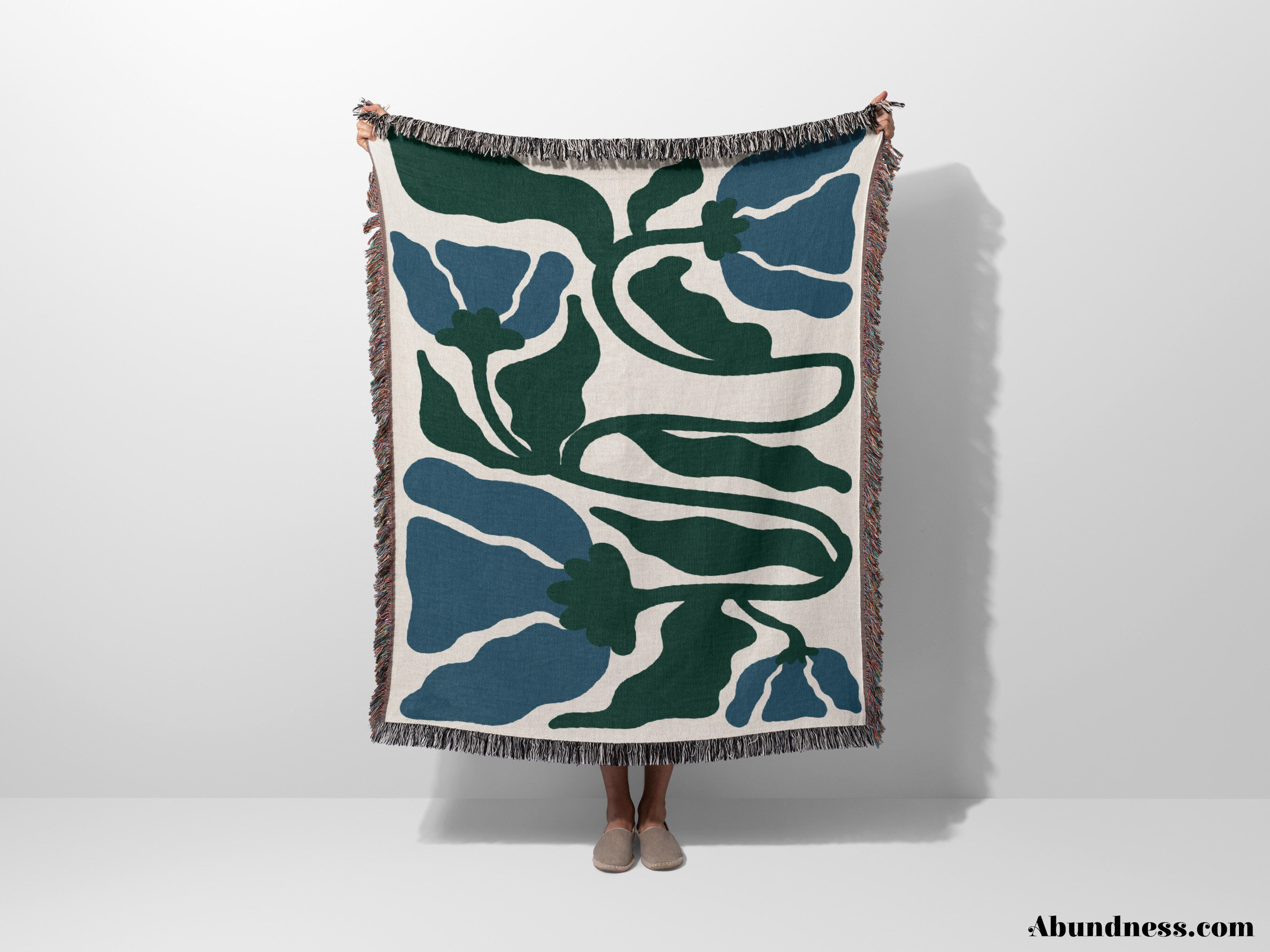 Matisse Flowers Woven Throw Blanket with Fringe in Forest Green and Blue Colors, Matisse Style Aesthetic Blanket, Unique Home Decor Gift
