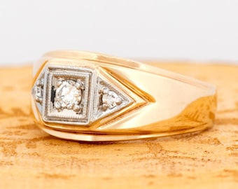 Vintage 10k Two-Tone Diamond Ring: Chunky Unisex Design, Made in Canada 1990s
