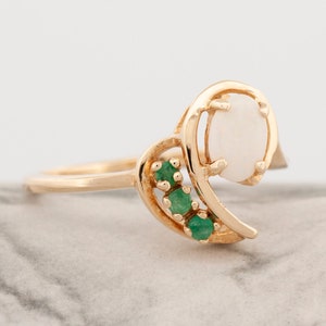 Vintage Canadian-Made 14k Yellow Gold Opal & Emerald Statement Ring, Made in Canada Prior to 1978