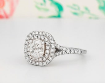Reclaimed! Antique Old Mine Cut Diamond Set in Modern Platinum Double Halo Engagement Ring