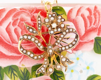 Vintage Art Nouveau 14k Gold Seed Pearl Brooch Pendant: Floral Ribbon, Circa 1960s