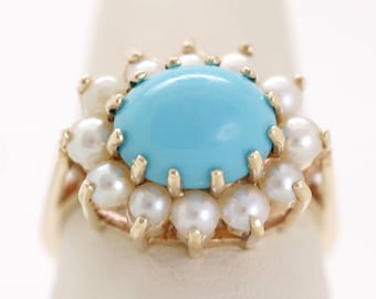 Vintage 9k Gold Pearl Cocktail Ring, Blue Stone, London 1970