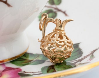Vintage 10k Yellow Gold Carafe Charm: 1960s Filigree Jug Pendant