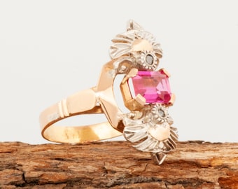 Vintage 19K Rose Gold Cocktail Ring: Pink Stone & Rough Cut Diamonds, 1950s Portugal