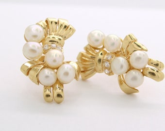 Vintage 18k Gold Pearl Ribbon & Cubic Zirconia Stud Earrings