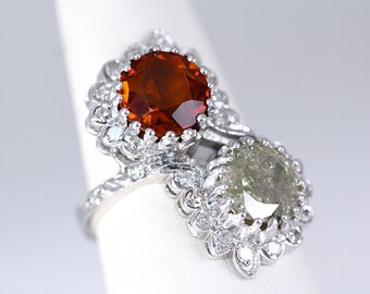 Vintage 14k White Gold Floral Ring: Mandarin Garnet & 2.40ctw Diamond Statement Ring