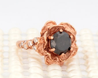 Custom-Made 14k Rose Gold Black Diamond Flower Engagement Ring: Handmade Bespoke Design