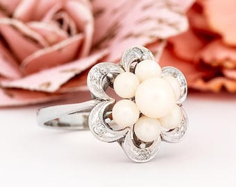 Vintage 14k White Gold Pearl & Diamond Ring: Floral Cocktail Ring