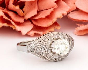Antique Edwardian 18k White Gold Old European & Rough Cut Diamond Engagement Ring