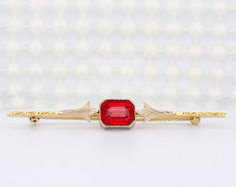 Vintage Art Deco 14k Gold Bar Brooch: Red Stone Straight Brooch, 1930s