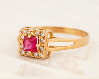 Vintage 19k Yellow Gold Lab Ruby Ring: Portuguese Cocktail Ring, Size 8.5