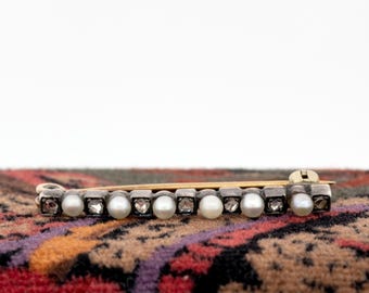 Art Deco Pearl Diamond Bar Brooch, Continental Silver & 14k Gold, c. 1940s