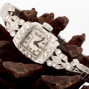 Vintage Art Deco Ladies HAMILTON Diamond Wrist Watch in Platinum Case, Stainless Steel Expansion Band, Circa 1941