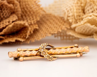 Edwardian 9ct Gold Seed Pearl Moon Brooch: Antique Pin, Circa 1900s