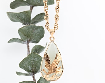 Vintage 10k Gold Jadeite Crane Pendant Necklace - 19" Rope Chain