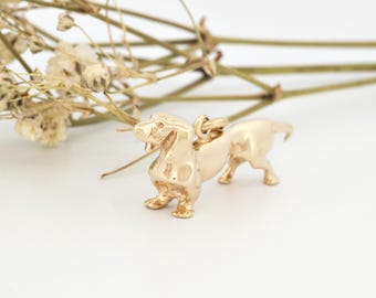 Vintage 14k Gold Dachshund Charm, 3D Weiner Dog Pendant